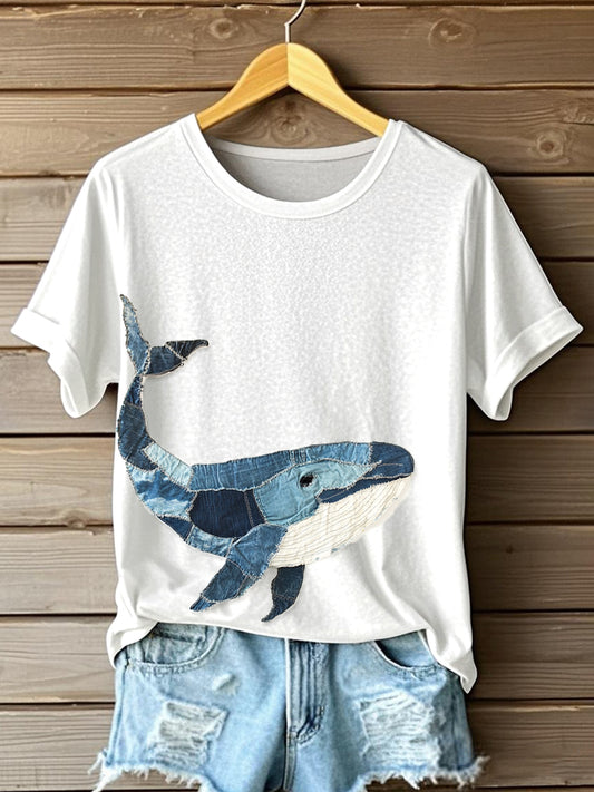 Women's Whale Pattern Patchwork Art T-Shirt
