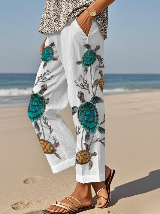 Women's Sea Turtle Print Cotton Linen Nine-minute Trousers