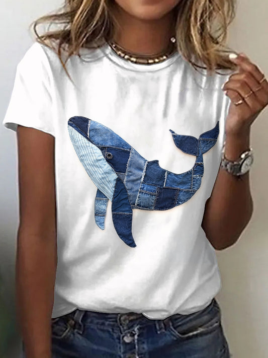 Women's Vintage Whale Pattern Patchwork Art T-Shirt