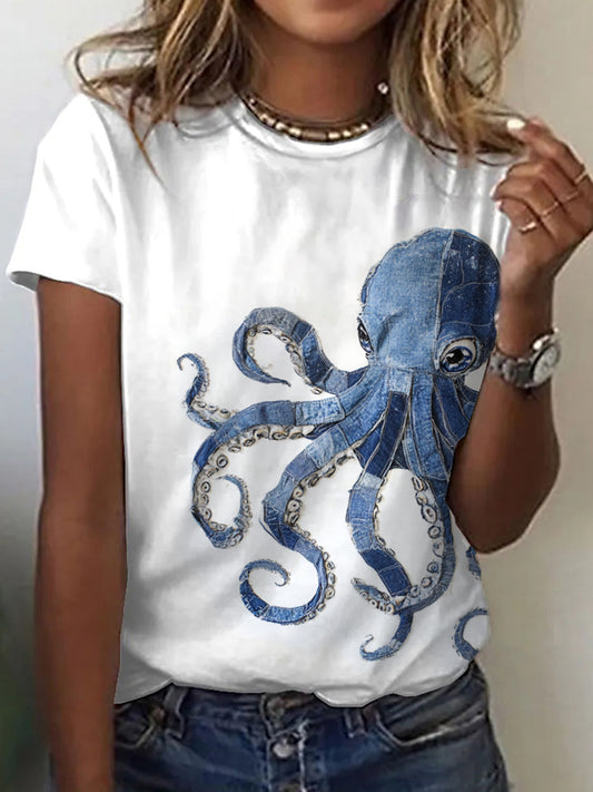 Women's Octopus Pattern Patchwork Art T-Shirt