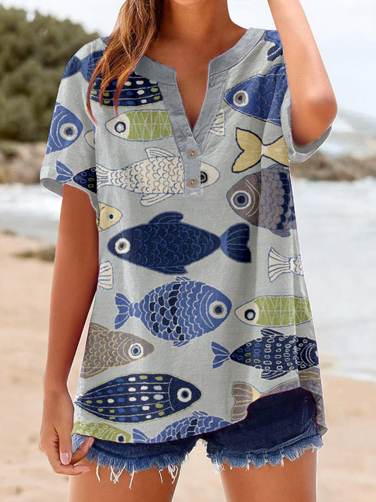 Women's Vintage Fish Print Linen Shirt