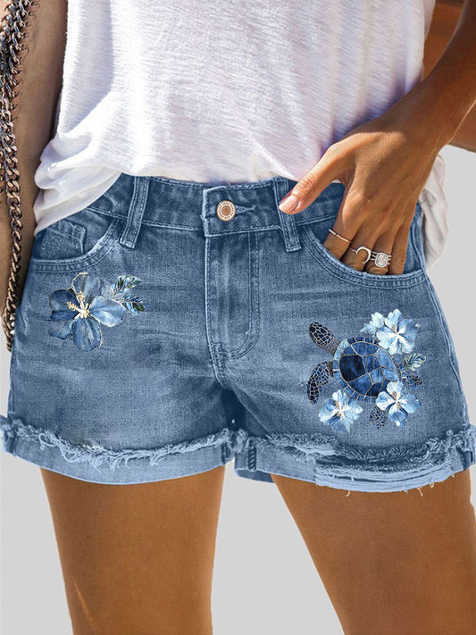 Women's Hawaiian Turtle Hibiscus Denim Shorts