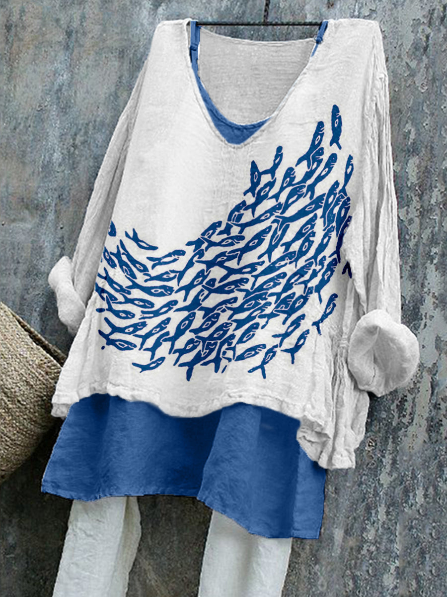 Women's Vintage Fish Print Linen Shirt