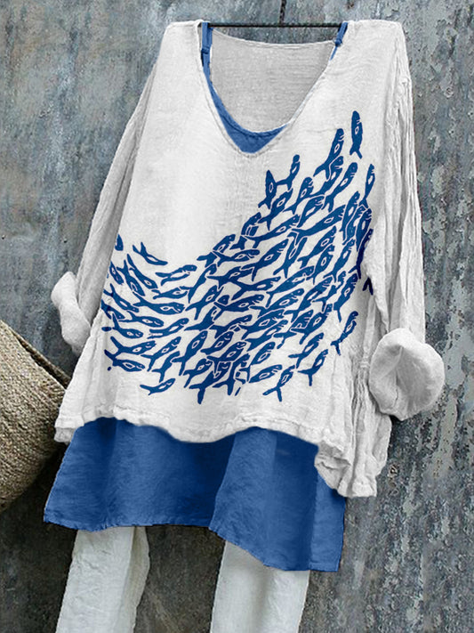 Women's Vintage Fish Print Linen Shirt