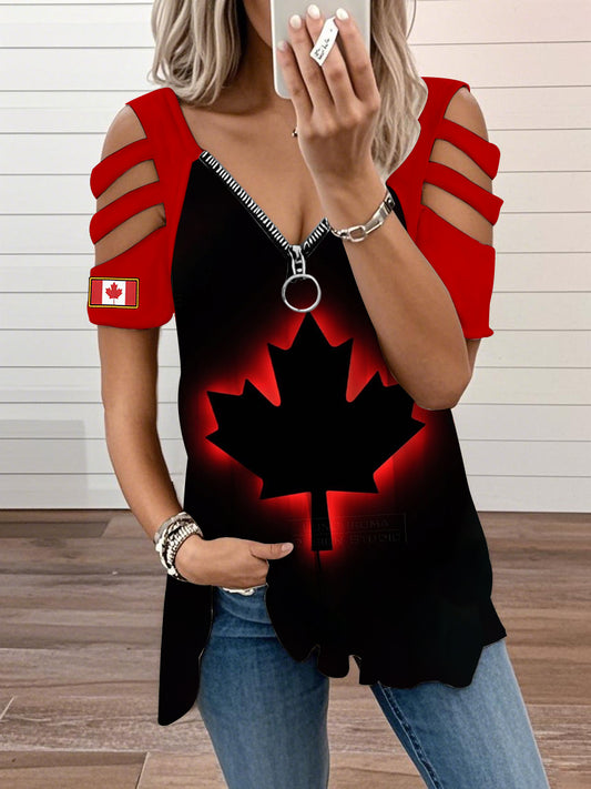 Women's Canada Flag Maple Leaf Short Sleeve V-neck Zipper T-shirt