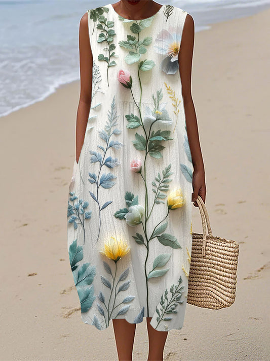 Women's Floral Pattern Linen Dress
