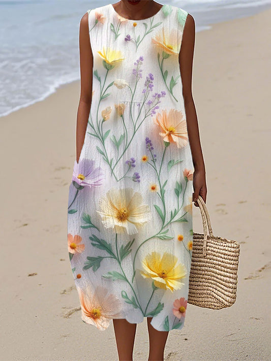 Women's Elegant Floral Pattern Linen Dress