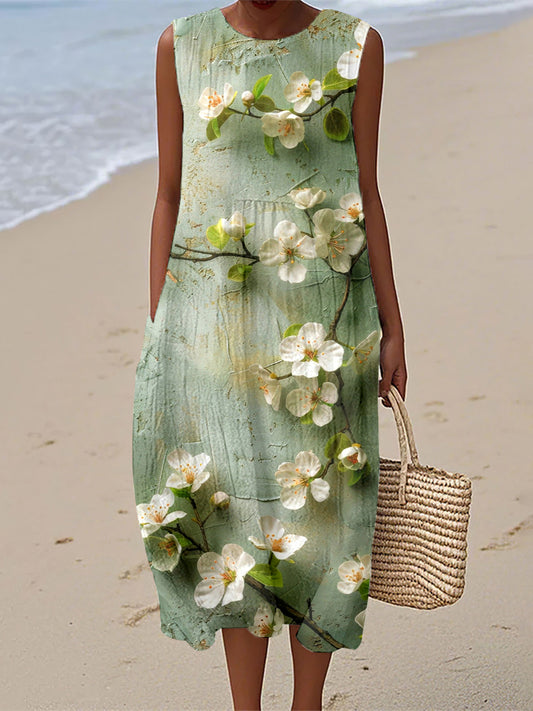 Women's Blooming Floral Pattern Linen Dress
