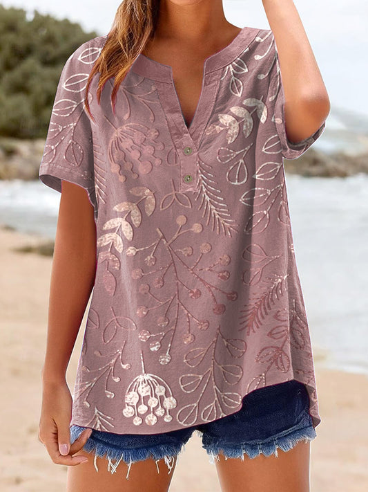 Women's Sequin Floral Pattern Linen Shirt