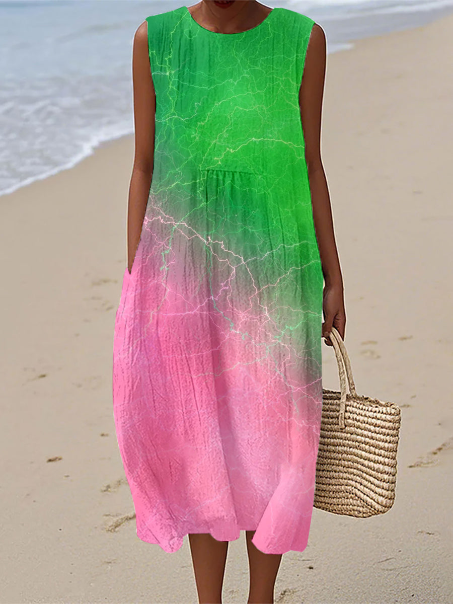 Womens Green and Pink Contrast Color Inspired Linen Dress