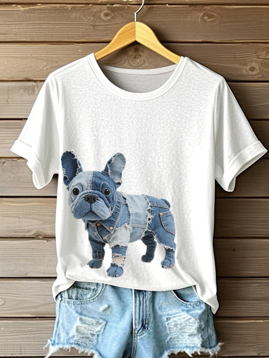 Women's Lovely Bulldog Pattern Patchwork Art T-Shirt