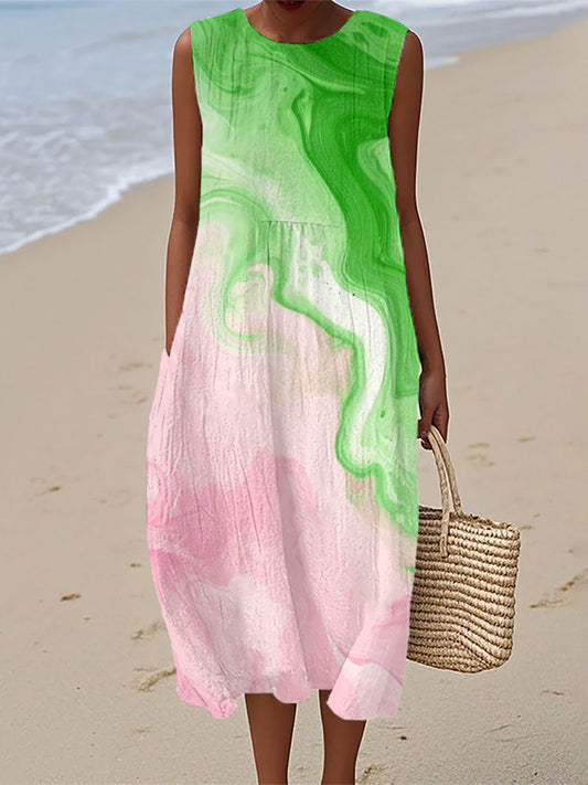 Womens Green And Pink Contrast Colors Inspired Linen Dress