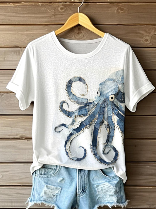 Women's Octopus Pattern Patchwork Art T-Shirt