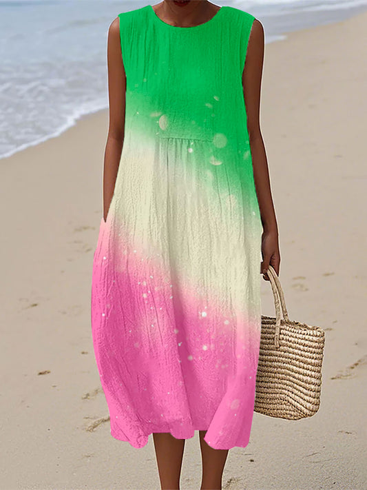Womens Pink And Green Contrast Color Inspired Linen Dress