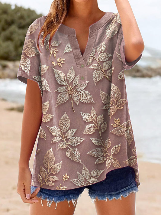 Women's Gold Floral Inspired Print Linen Shirt