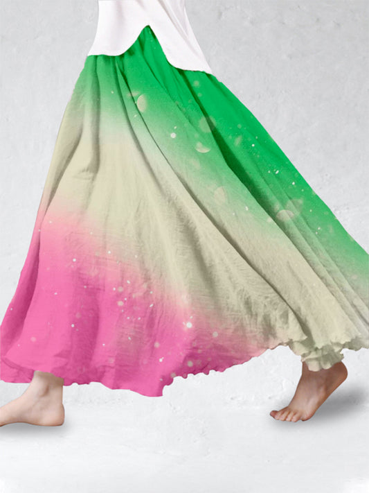 Womens Green And Pink Contrast Color Linen Skirt