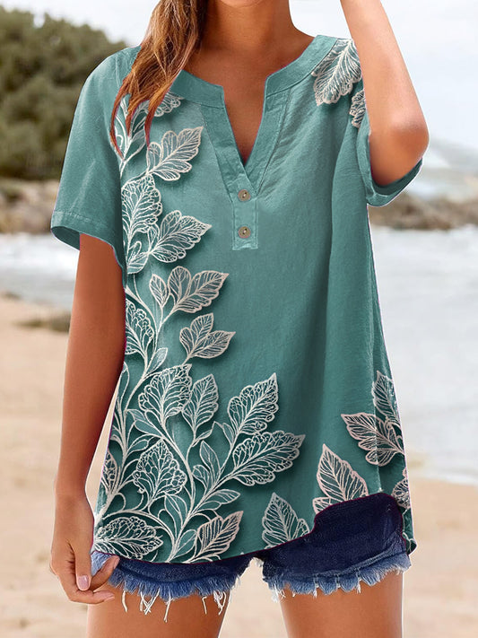 Women's Vintage Leaf Art Print Linen Shirt