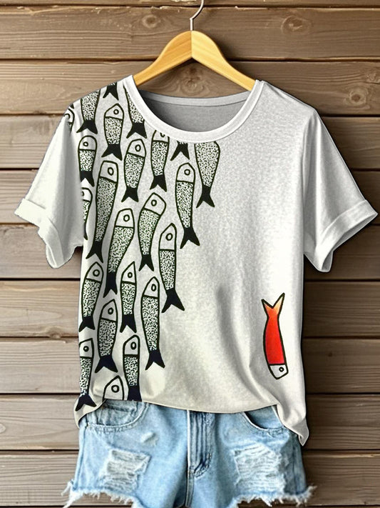 Women's Vintage Fish Print Short Sleeve T-Shirt