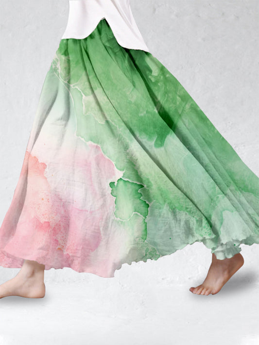 Womens Green And Pink Ink Painting Art Linen Skirt