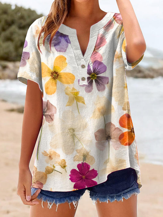 Women's Vintage Floral Print Linen Shirt
