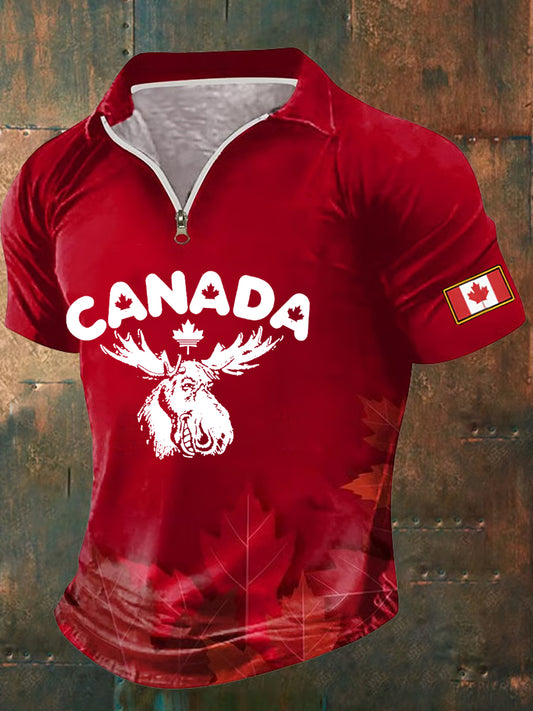 Men's Canadian Maple Leaf Print Casual Short Sleeve Zip Up Tee
