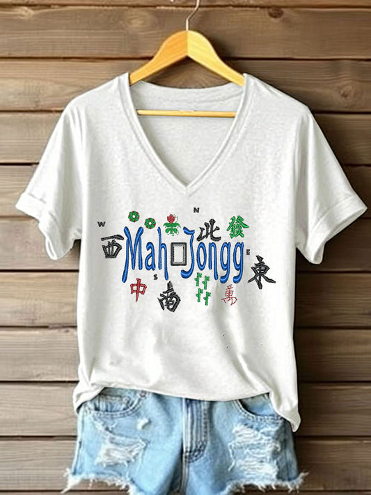 Women's Mahjong Embroidery Print T-shirt