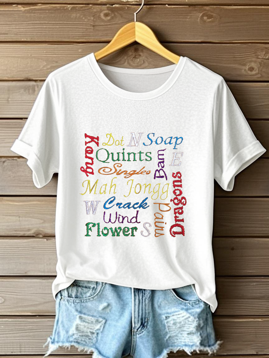 Women's Mahjong Embroidery Print T-shirt