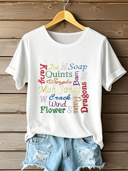 Women's Mahjong Embroidery Print T-shirt