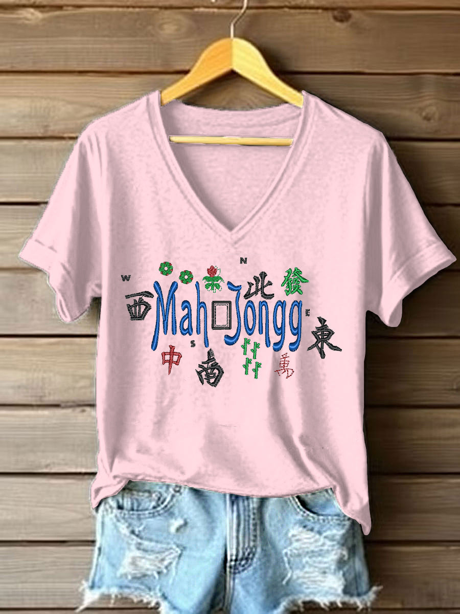 Women's Mahjong Embroidery Print T-shirt