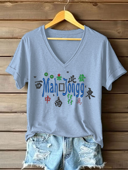 Women's Mahjong Embroidery Print T-shirt
