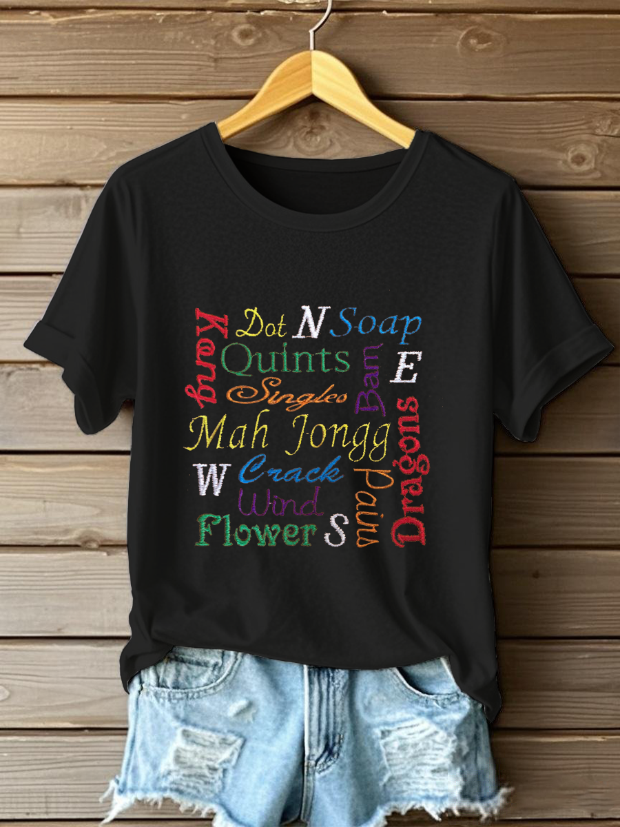Women's Mahjong Embroidery Print T-shirt