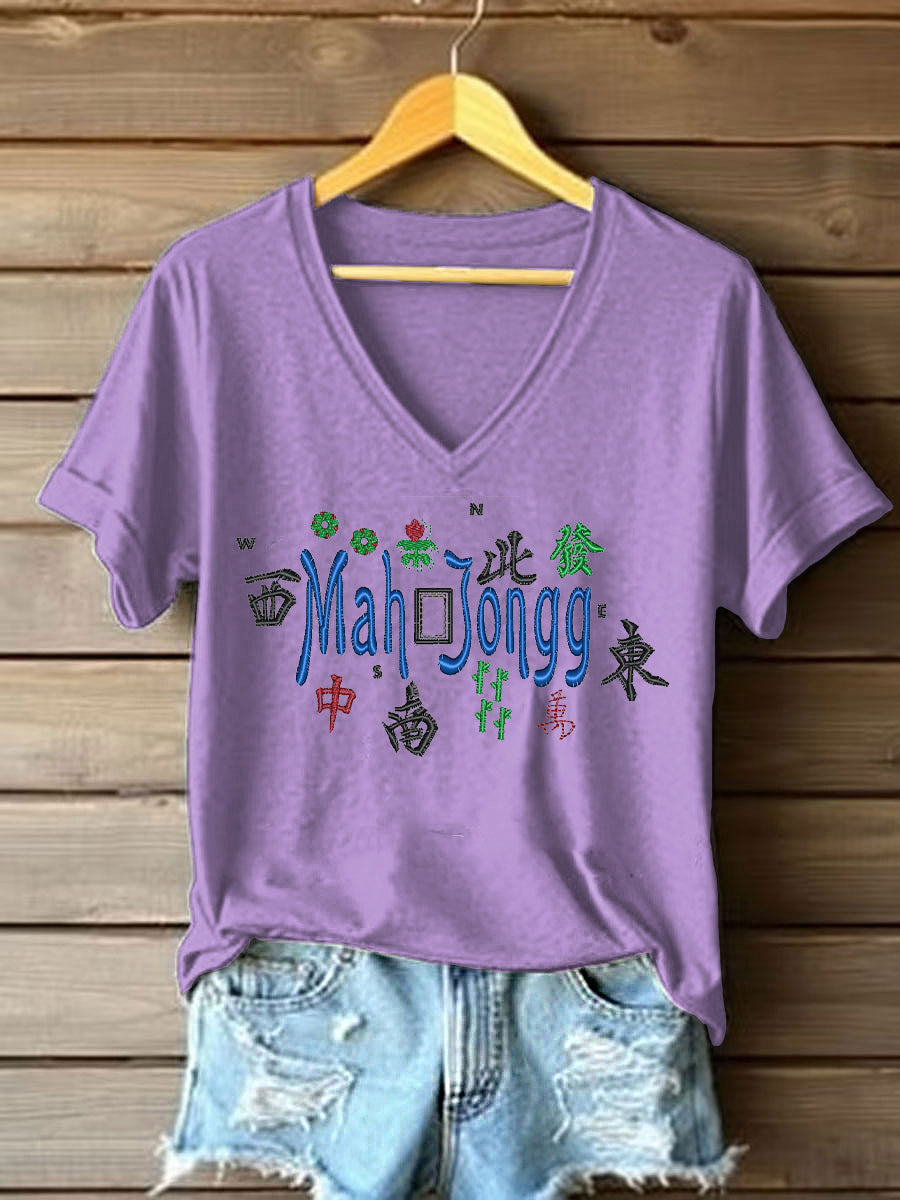 Women's Mahjong Embroidery Print T-shirt