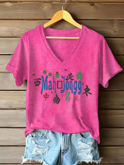 Women's Mahjong Embroidery Print T-shirt
