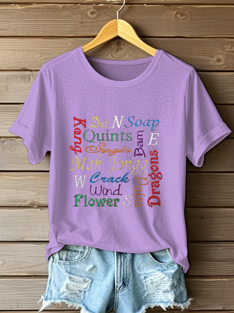 Women's Mahjong Embroidery Print T-shirt