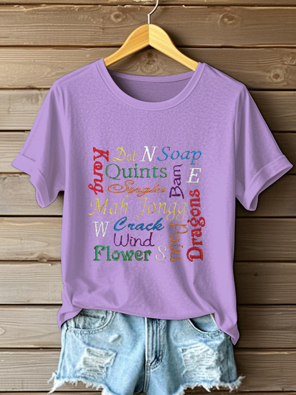 Women's Mahjong Embroidery Print T-shirt