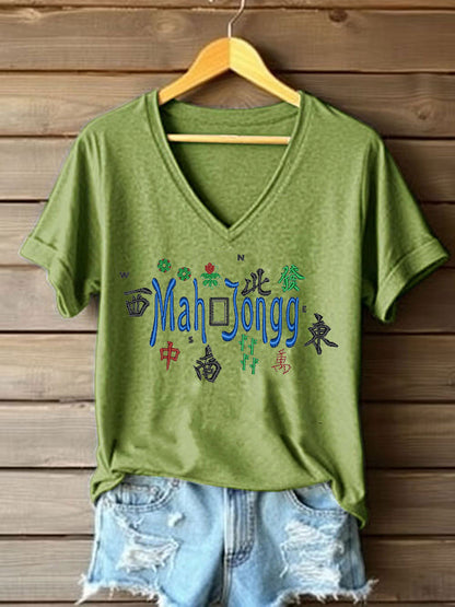 Women's Mahjong Embroidery Print T-shirt