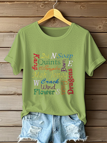 Women's Mahjong Embroidery Print T-shirt