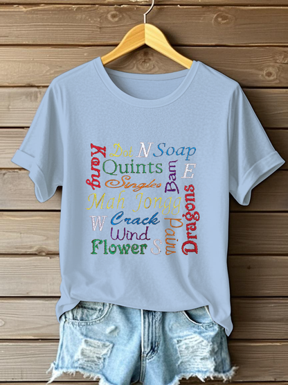 Women's Mahjong Embroidery Print T-shirt