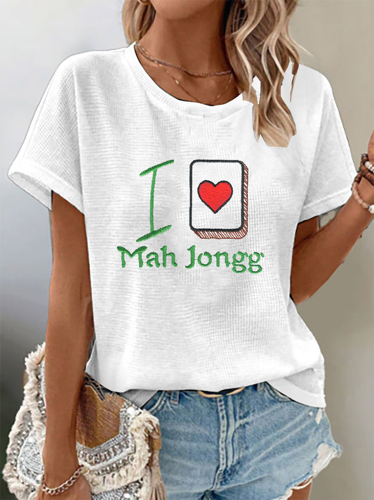 Women's Mahjong Embroidered Waffle Print T-Shirt