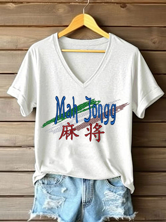 Women's Mahjong Embroidery Print T-shirt