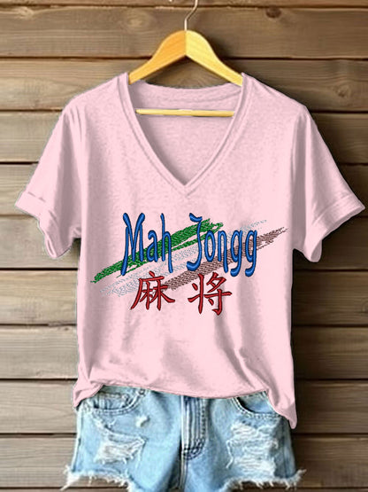 Women's Mahjong Embroidery Print T-shirt