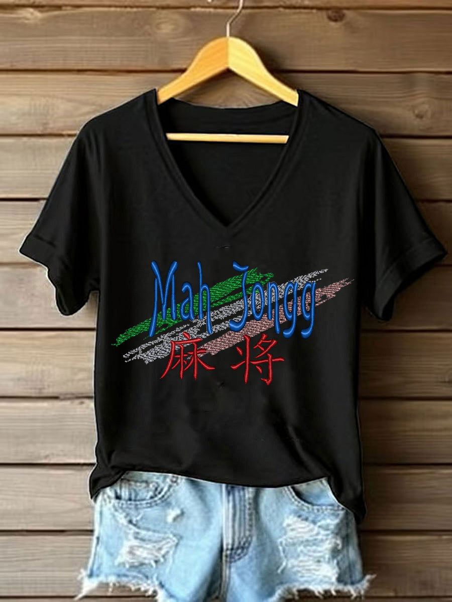 Women's Mahjong Embroidery Print T-shirt