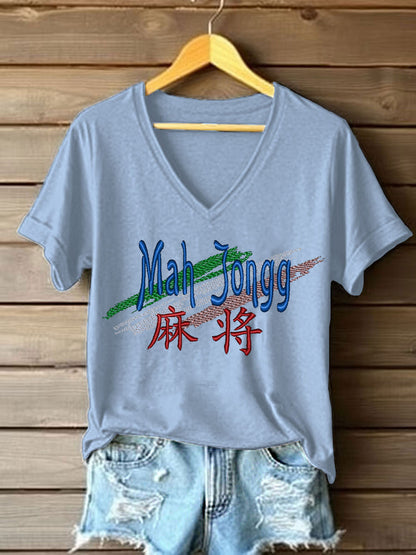 Women's Mahjong Embroidery Print T-shirt