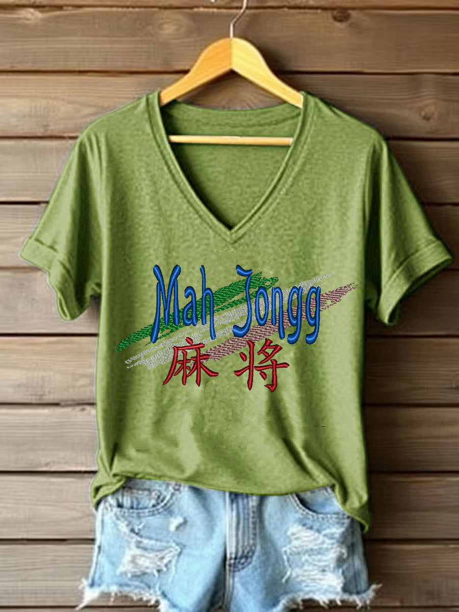 Women's Mahjong Embroidery Print T-shirt