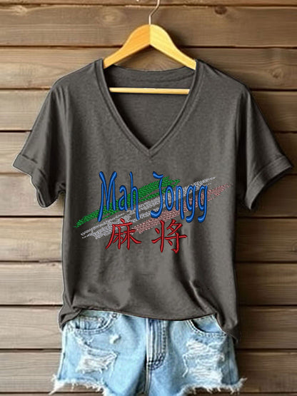 Women's Mahjong Embroidery Print T-shirt