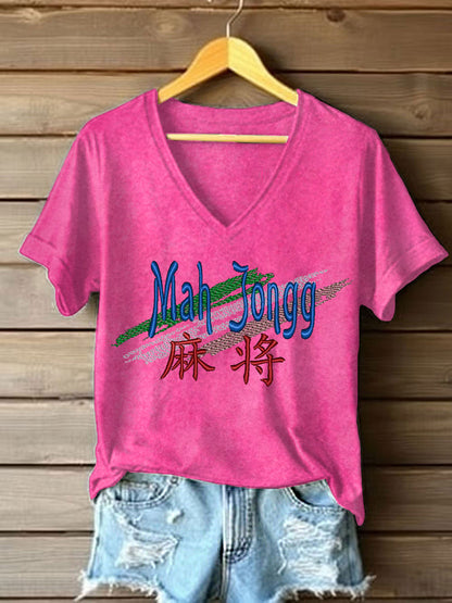 Women's Mahjong Embroidery Print T-shirt