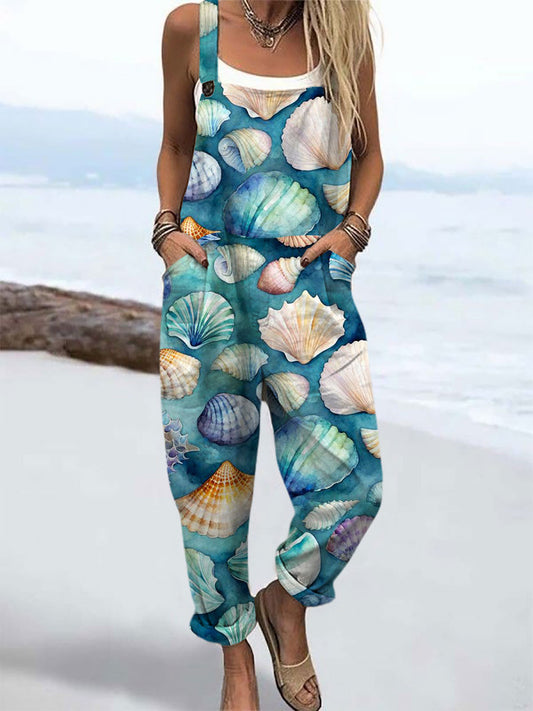 Women's Beach Shell Print Casual Wide Leg Jumpsuit
