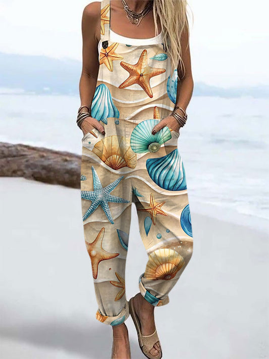 Women's Beach Shell Print Casual Wide Leg Jumpsuit