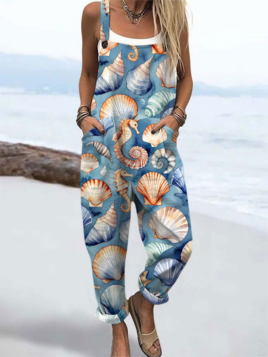Women's Beach Shell Print Casual Wide Leg Jumpsuit