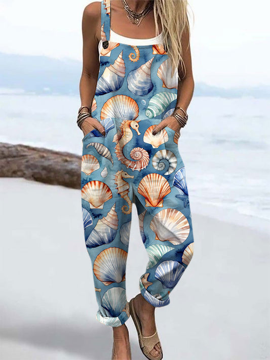 Women's Beach Shell Print Casual Wide Leg Jumpsuit